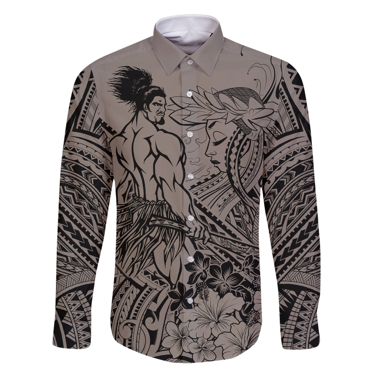 Beauty and The Warrior Polynesian Valentine Family Matching Long Sleeve Bodycon Dress and Hawaiian Shirt Hibiscus FLowers Brown Style LT9 Dad's Shirt - Long Sleeve Brown - Polynesian Pride