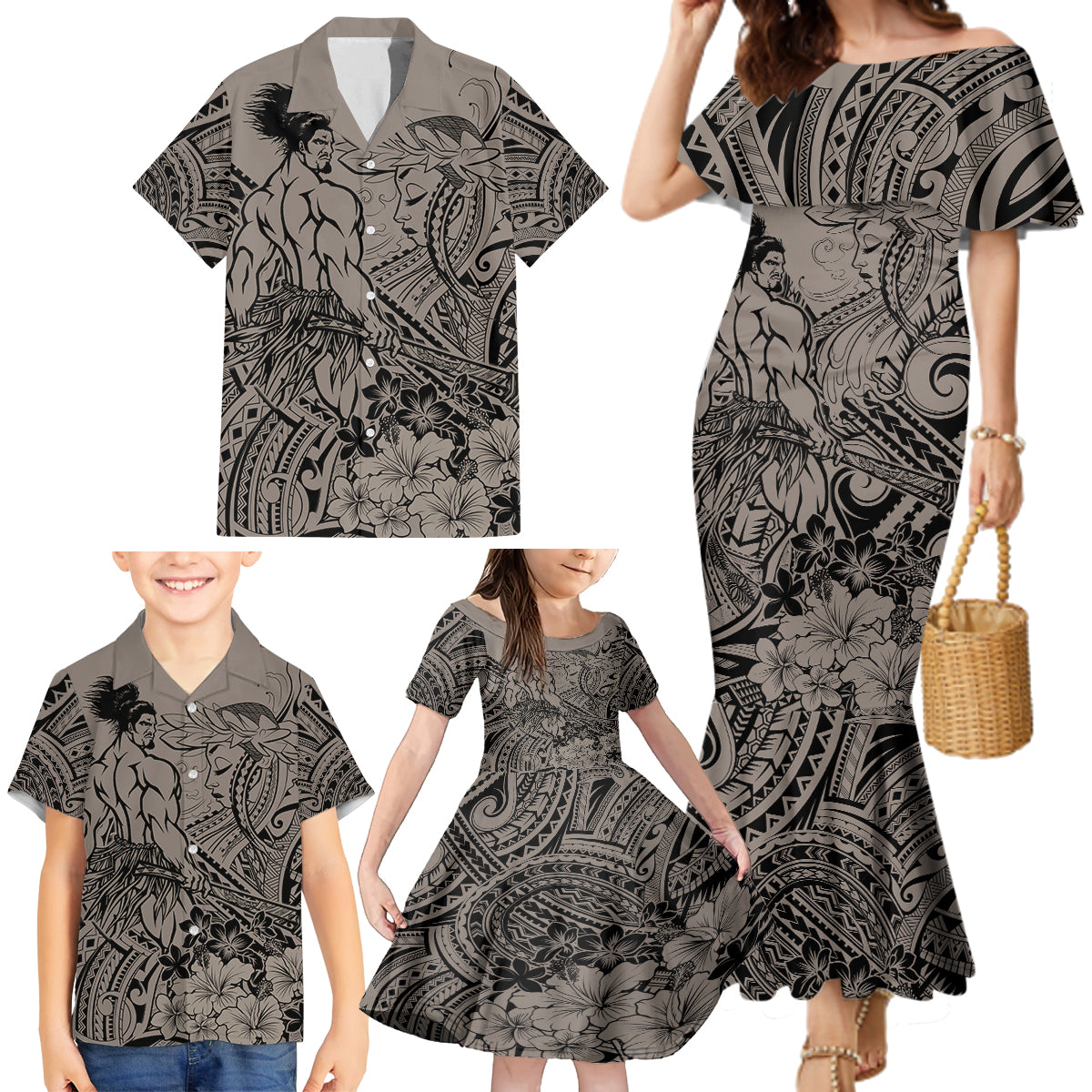 Beauty and The Warrior Polynesian Valentine Family Matching Mermaid Dress and Hawaiian Shirt Hibiscus FLowers Brown Style LT9 - Polynesian Pride