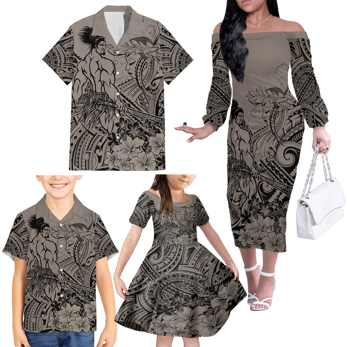 Beauty and The Warrior Polynesian Valentine Family Matching Off Shoulder Long Sleeve Dress and Hawaiian Shirt Hibiscus FLowers Brown Style LT9 - Polynesian Pride