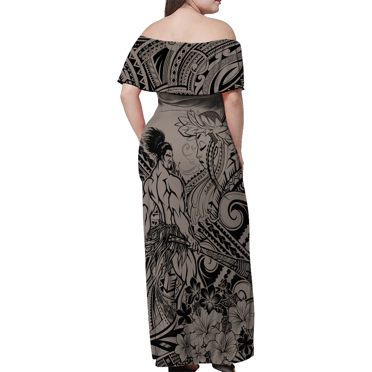 Beauty and The Warrior Polynesian Valentine Family Matching Off Shoulder Maxi Dress and Hawaiian Shirt Hibiscus FLowers Brown Style LT9 - Polynesian Pride