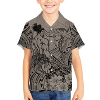 Beauty and The Warrior Polynesian Valentine Family Matching Off Shoulder Short Dress and Hawaiian Shirt Hibiscus FLowers Brown Style LT9 Son's Shirt Brown - Polynesian Pride