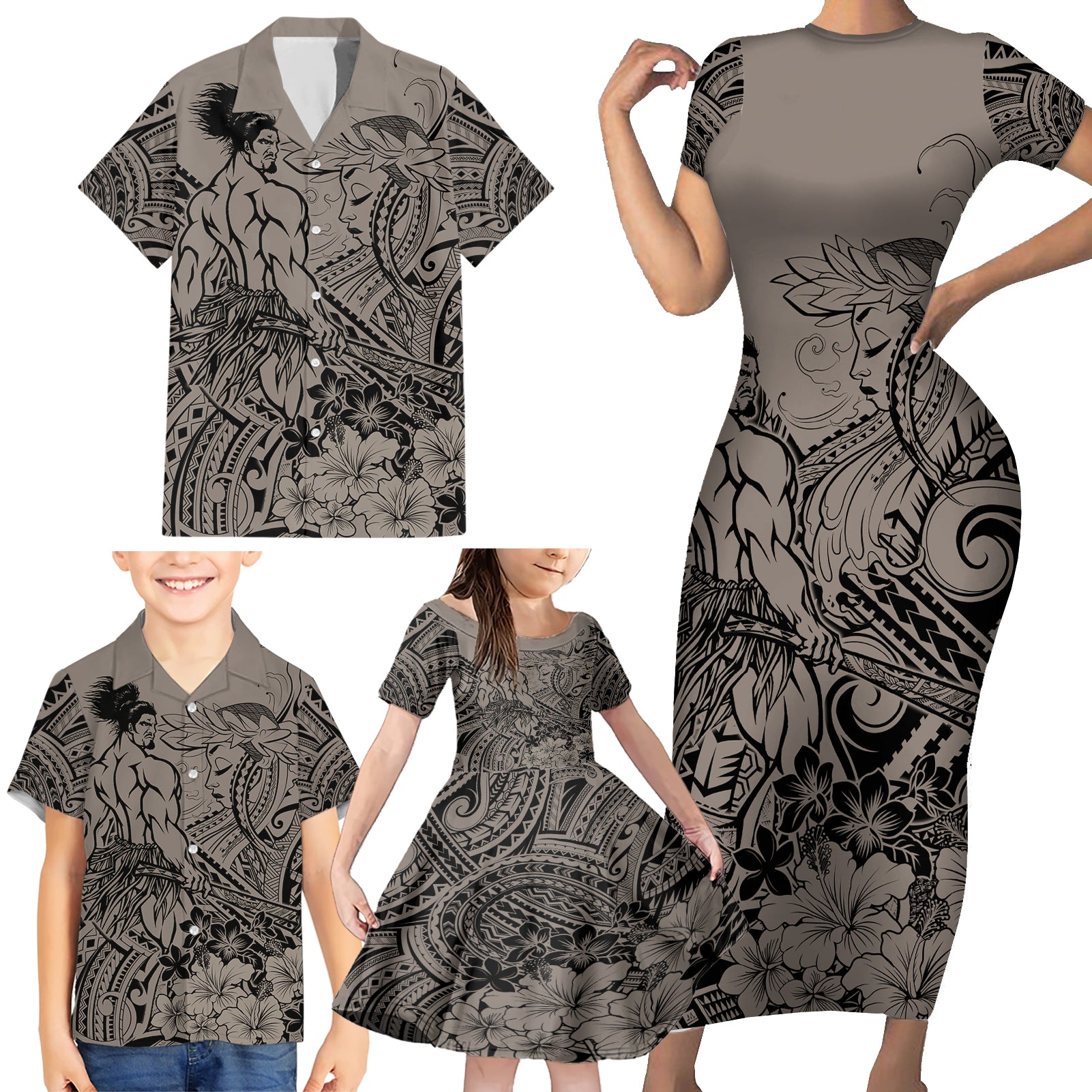 Beauty and The Warrior Polynesian Valentine Family Matching Short Sleeve Bodycon Dress and Hawaiian Shirt Hibiscus FLowers Brown Style LT9 - Polynesian Pride