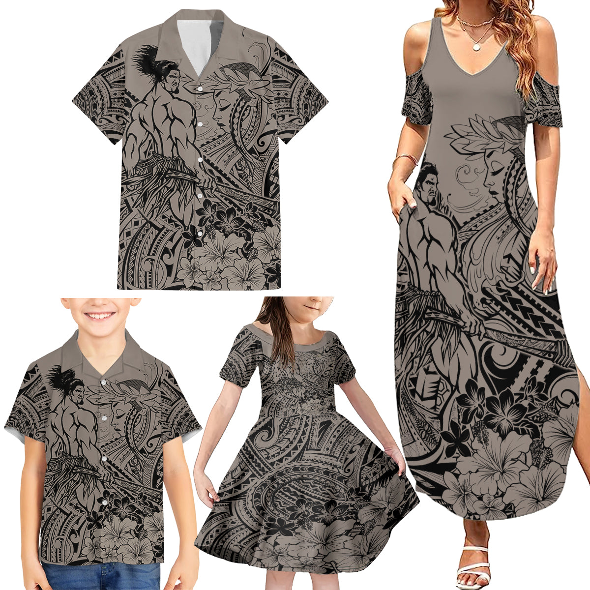 Beauty and The Warrior Polynesian Valentine Family Matching Summer Maxi Dress and Hawaiian Shirt Hibiscus FLowers Brown Style LT9 - Polynesian Pride