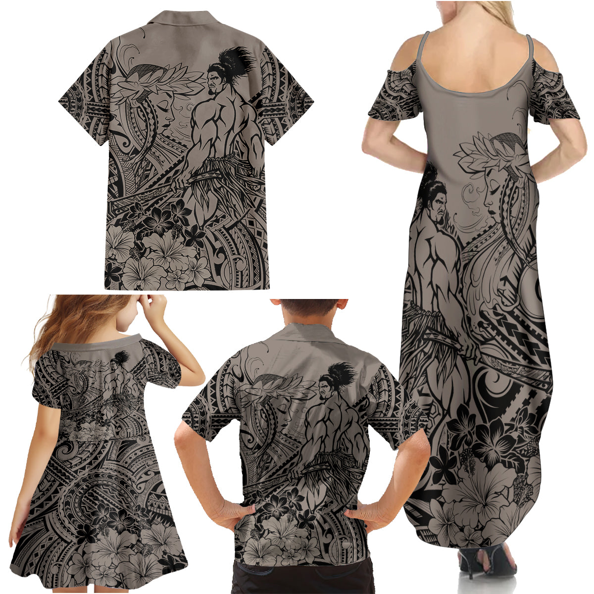 Beauty and The Warrior Polynesian Valentine Family Matching Summer Maxi Dress and Hawaiian Shirt Hibiscus FLowers Brown Style LT9 - Polynesian Pride