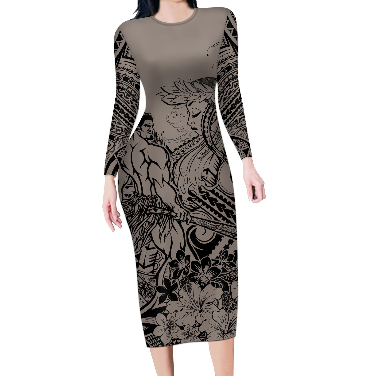 Beauty and The Warrior Polynesian Valentine Long Sleeve Bodycon Dress Hibiscus FLowers Brown Style LT9 Long Dress Brown - Polynesian Pride