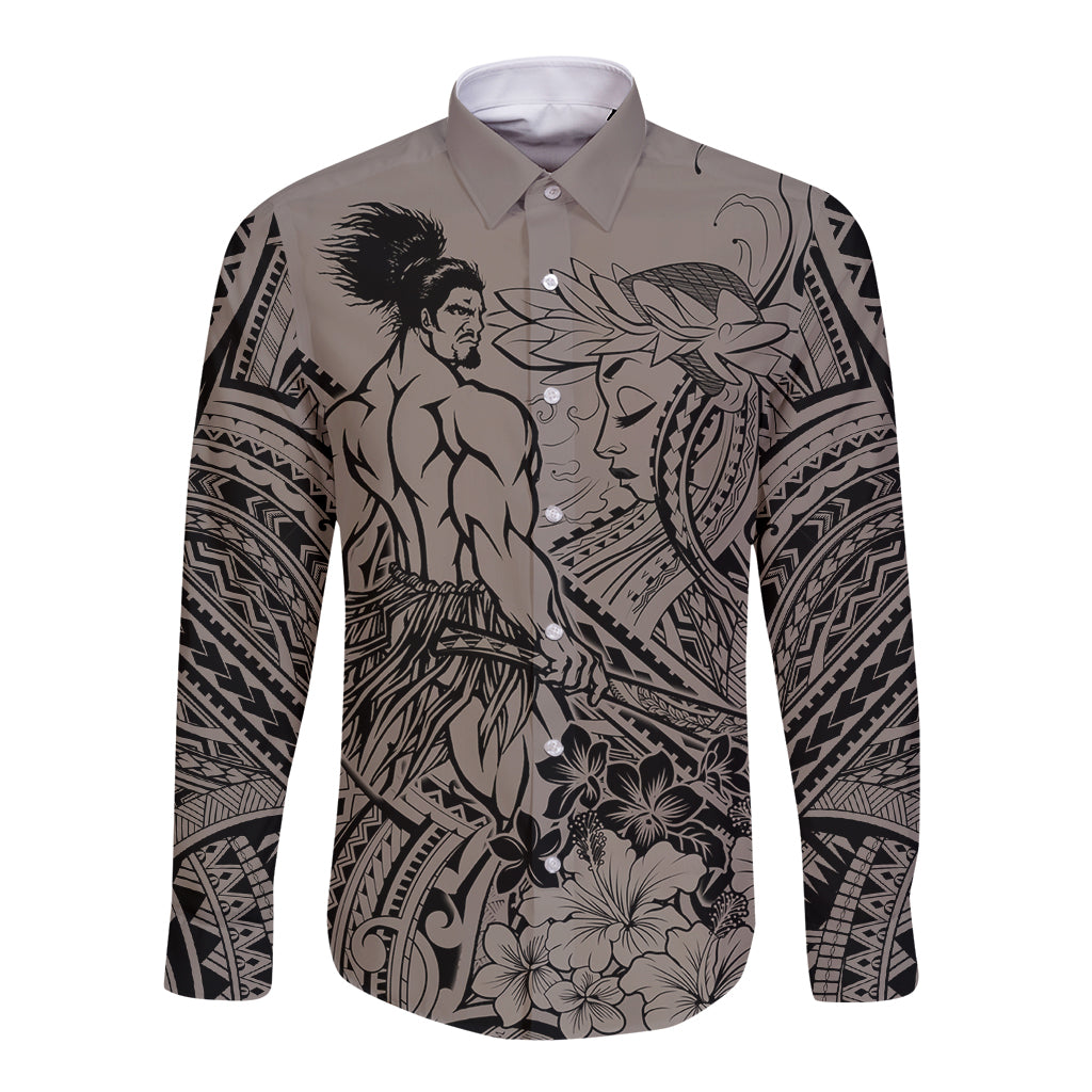 Beauty and The Warrior Polynesian Valentine Long Sleeve Button Shirt Hibiscus FLowers Brown Style LT9 Unisex Brown - Polynesian Pride
