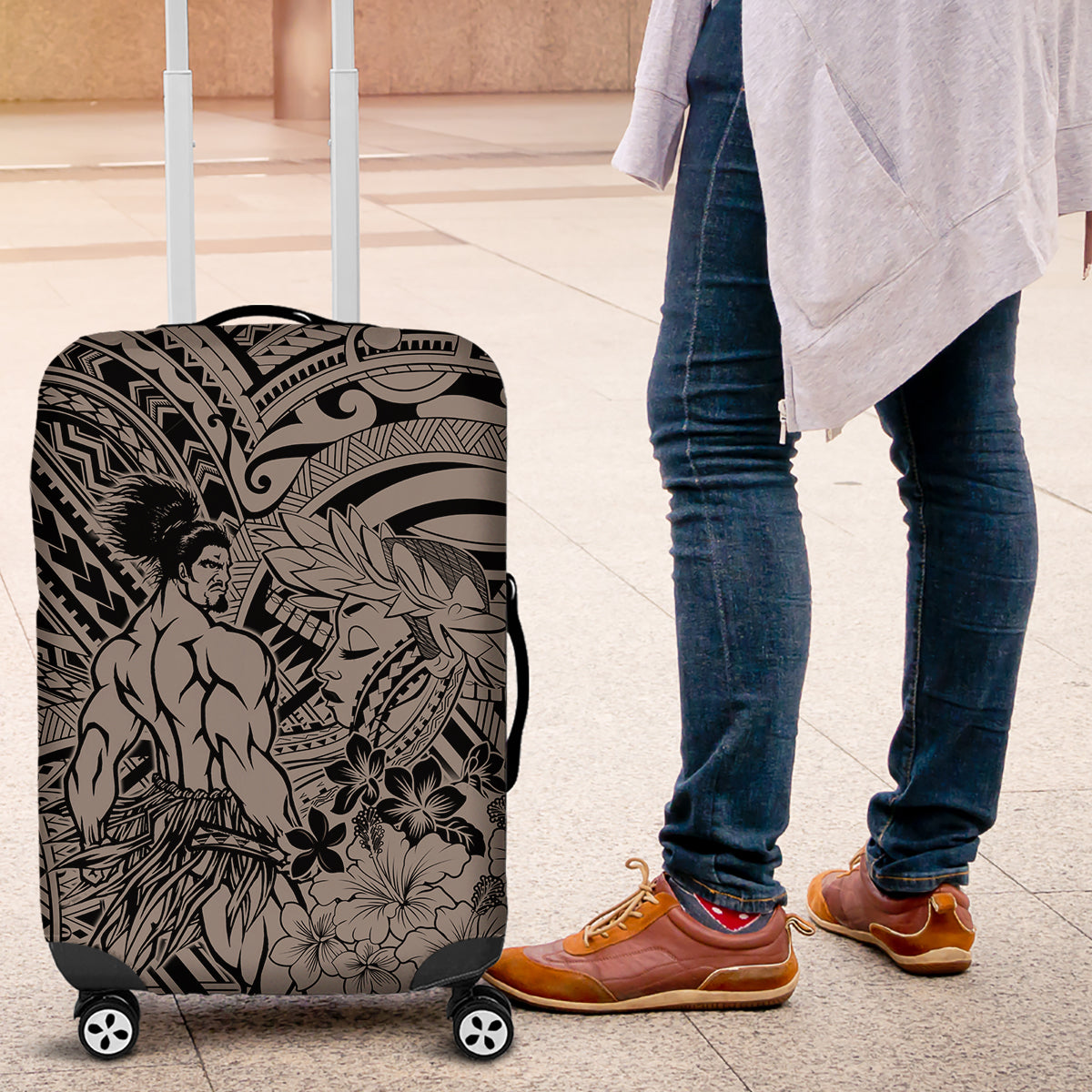 Beauty and The Warrior Polynesian Valentine Luggage Cover Hibiscus FLowers Brown Style LT9 Brown - Polynesian Pride