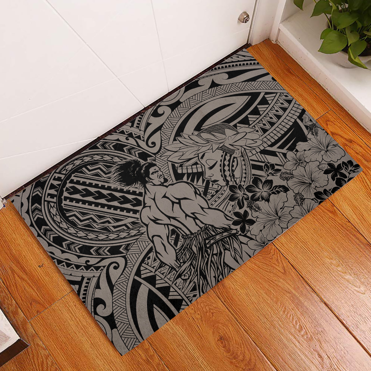 Beauty and The Warrior Polynesian Valentine Rubber Doormat Hibiscus FLowers Brown Style LT9 Brown - Polynesian Pride
