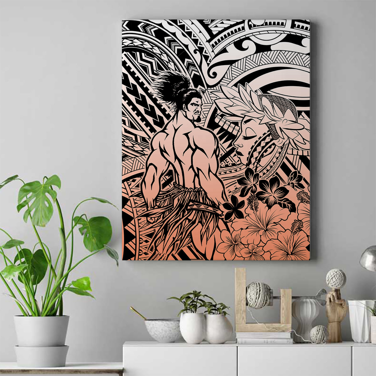 Beauty and The Warrior Polynesian Valentine Canvas Wall Art Hibiscus FLowers Orange Style LT9 Orange - Polynesian Pride