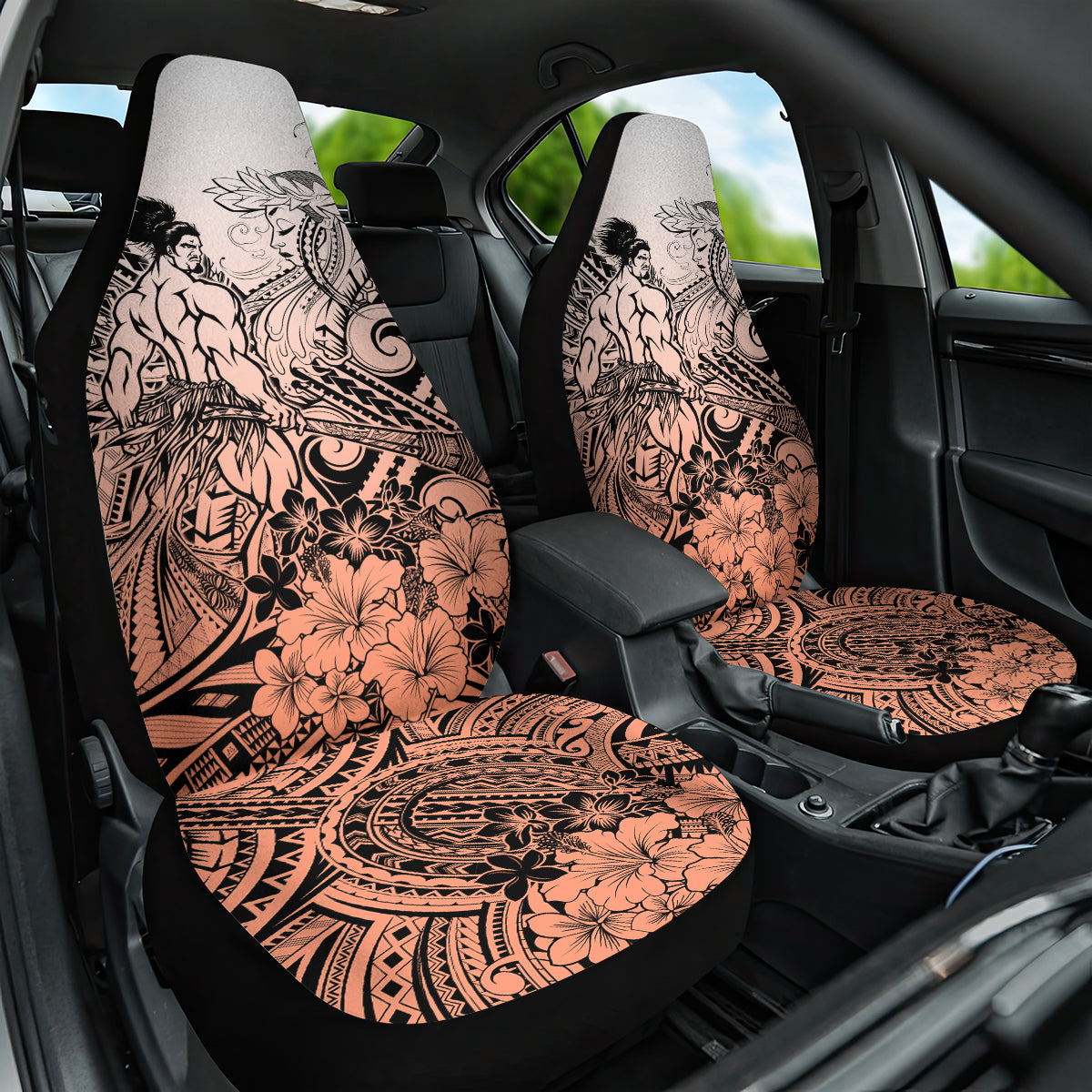 Beauty and The Warrior Polynesian Valentine Car Seat Cover Hibiscus FLowers Orange Style LT9 One Size Orange - Polynesian Pride