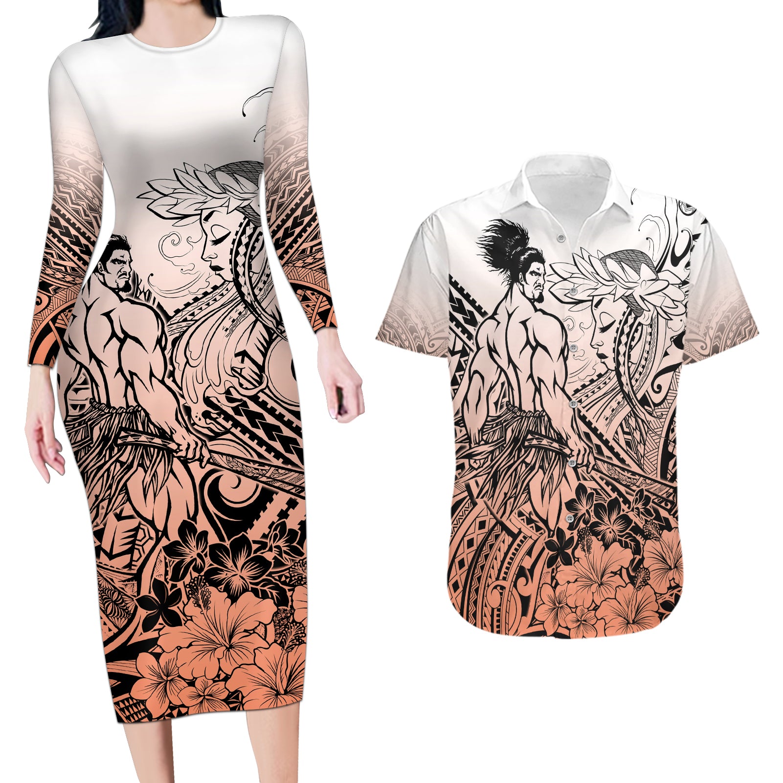 Beauty and The Warrior Polynesian Valentine Couples Matching Long Sleeve Bodycon Dress and Hawaiian Shirt Hibiscus FLowers Orange Style LT9 Orange - Polynesian Pride