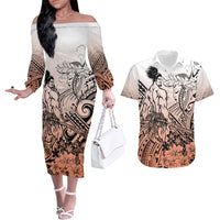 Beauty and The Warrior Polynesian Valentine Couples Matching Off The Shoulder Long Sleeve Dress and Hawaiian Shirt Hibiscus FLowers Orange Style LT9 Orange - Polynesian Pride