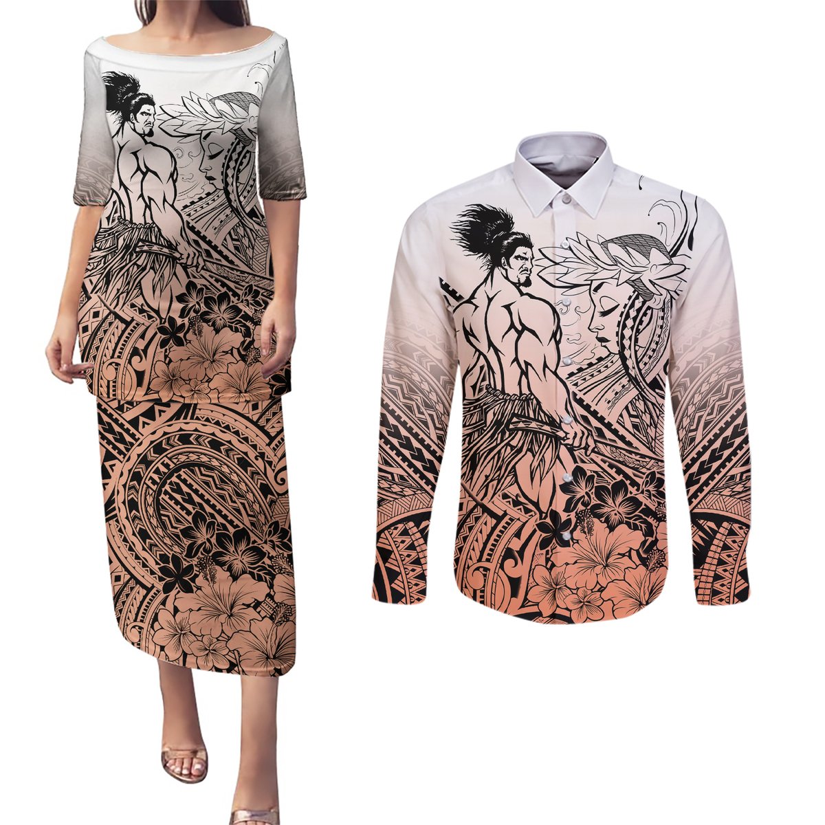 Beauty and The Warrior Polynesian Valentine Couples Matching Puletasi Dress and Long Sleeve Button Shirt Hibiscus FLowers Orange Style LT9 Orange - Polynesian Pride
