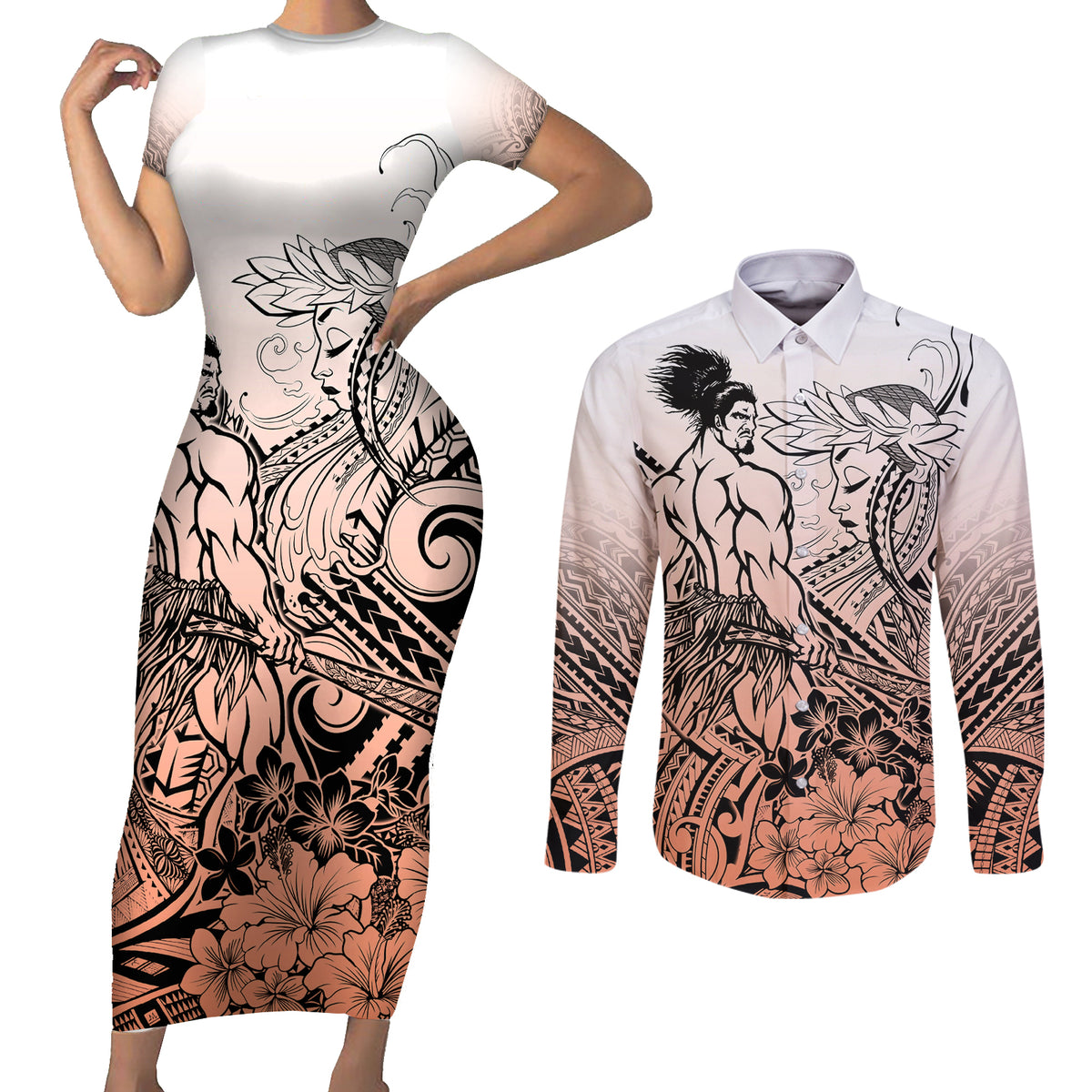 Beauty and The Warrior Polynesian Valentine Couples Matching Short Sleeve Bodycon Dress and Long Sleeve Button Shirt Hibiscus FLowers Orange Style LT9 Orange - Polynesian Pride