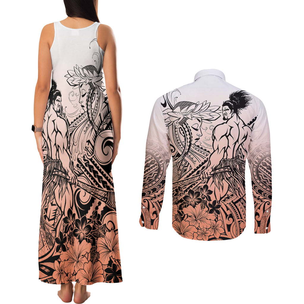 Beauty and The Warrior Polynesian Valentine Couples Matching Tank Maxi Dress and Long Sleeve Button Shirt Hibiscus FLowers Orange Style LT9 - Polynesian Pride