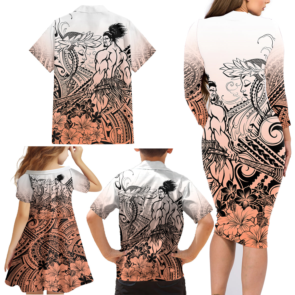 Beauty and The Warrior Polynesian Valentine Family Matching Long Sleeve Bodycon Dress and Hawaiian Shirt Hibiscus FLowers Orange Style LT9 - Polynesian Pride