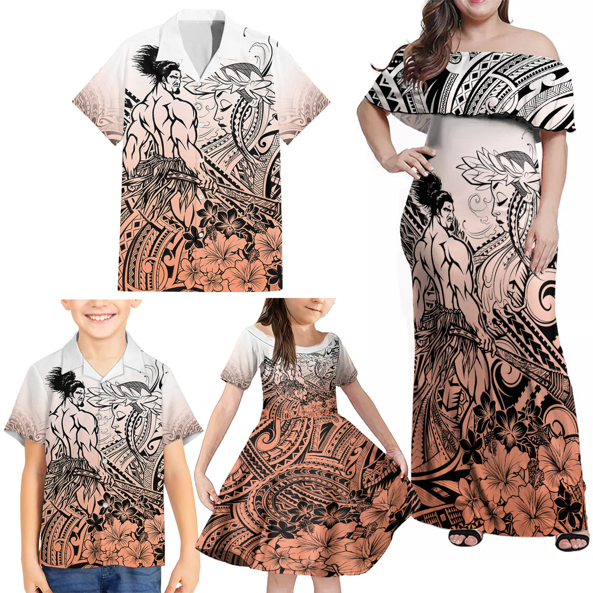 Beauty and The Warrior Polynesian Valentine Family Matching Off Shoulder Maxi Dress and Hawaiian Shirt Hibiscus FLowers Orange Style LT9 - Polynesian Pride