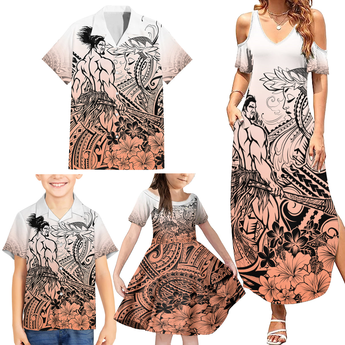 Beauty and The Warrior Polynesian Valentine Family Matching Summer Maxi Dress and Hawaiian Shirt Hibiscus FLowers Orange Style LT9 - Polynesian Pride