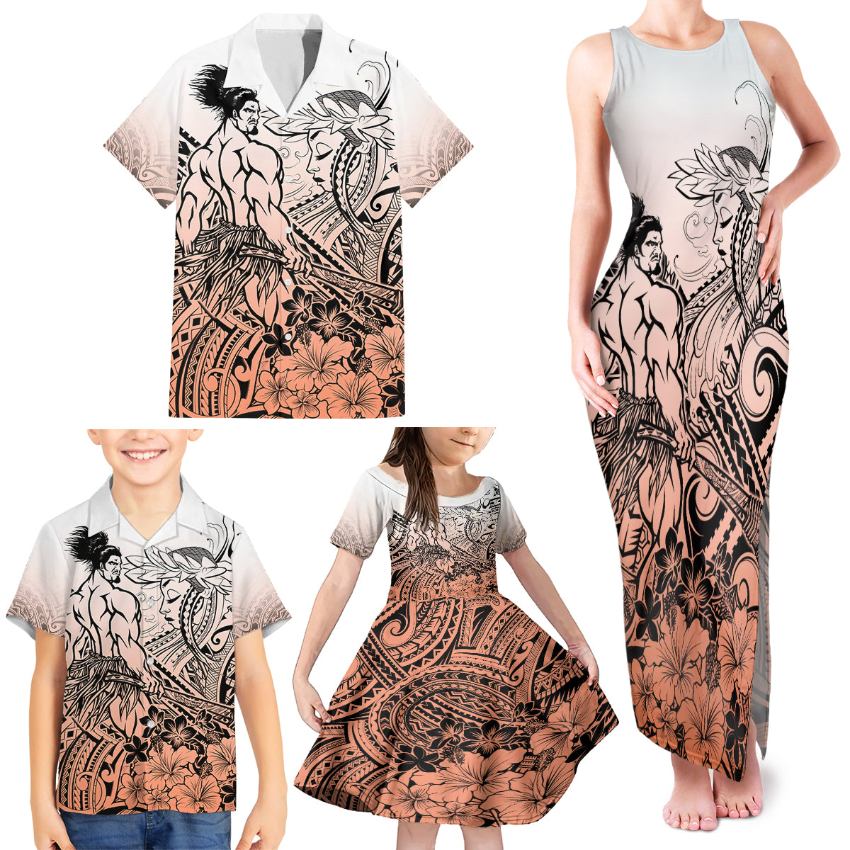 Beauty and The Warrior Polynesian Valentine Family Matching Tank Maxi Dress and Hawaiian Shirt Hibiscus FLowers Orange Style LT9 - Polynesian Pride