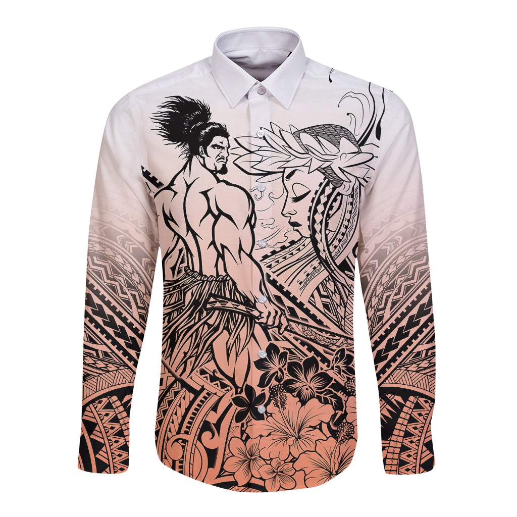 Beauty and The Warrior Polynesian Valentine Long Sleeve Button Shirt Hibiscus FLowers Orange Style LT9 Unisex Orange - Polynesian Pride