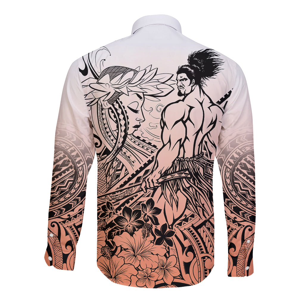 Beauty and The Warrior Polynesian Valentine Long Sleeve Button Shirt Hibiscus FLowers Orange Style LT9 - Polynesian Pride