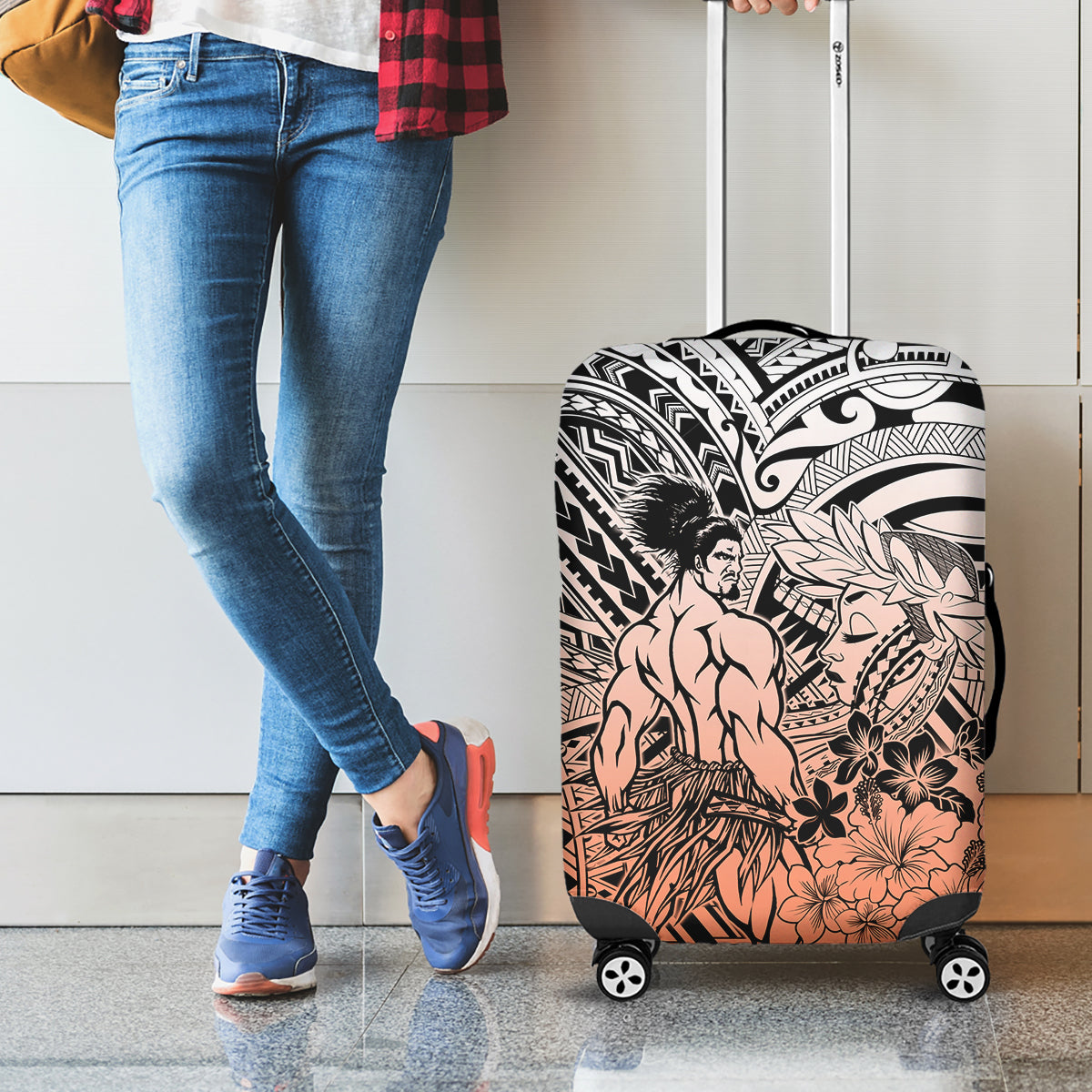 Beauty and The Warrior Polynesian Valentine Luggage Cover Hibiscus FLowers Orange Style LT9 - Polynesian Pride