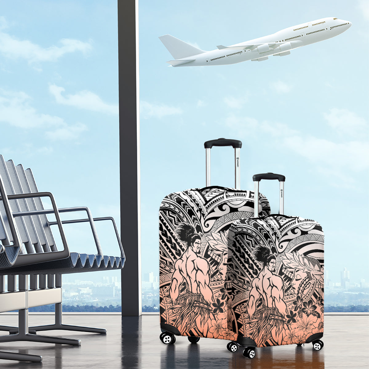 Beauty and The Warrior Polynesian Valentine Luggage Cover Hibiscus FLowers Orange Style LT9 - Polynesian Pride