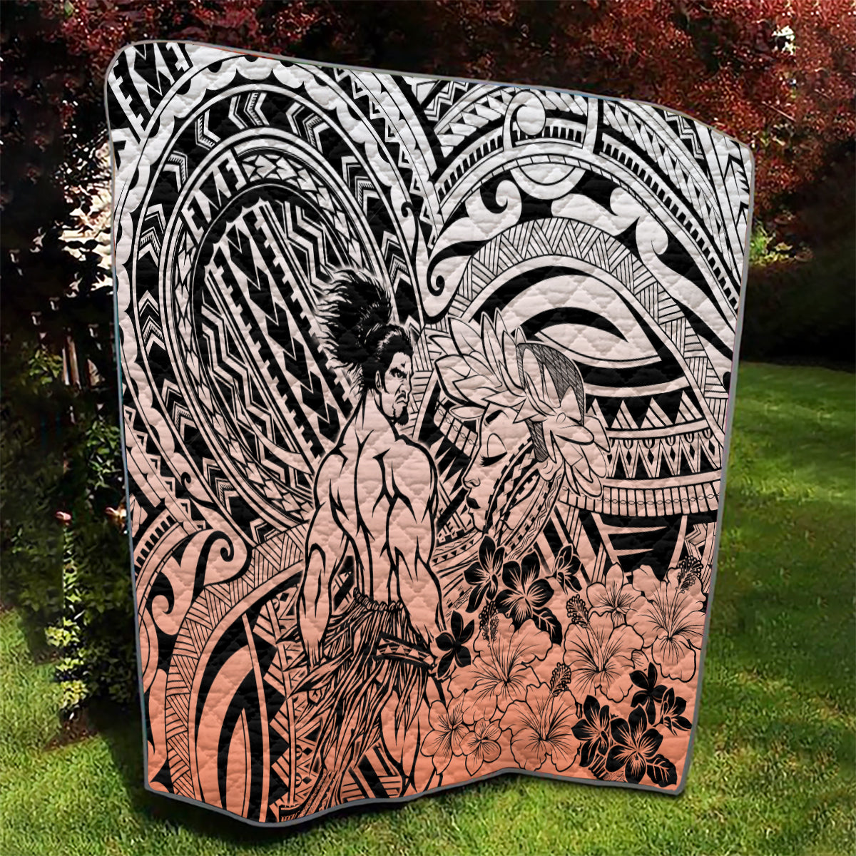 Beauty and The Warrior Polynesian Valentine Quilt Hibiscus FLowers Orange Style LT9 - Polynesian Pride