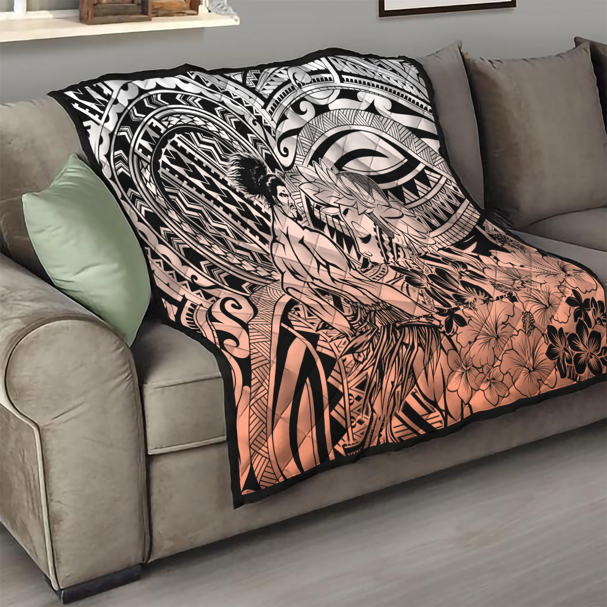 Beauty and The Warrior Polynesian Valentine Quilt Hibiscus FLowers Orange Style LT9 - Polynesian Pride