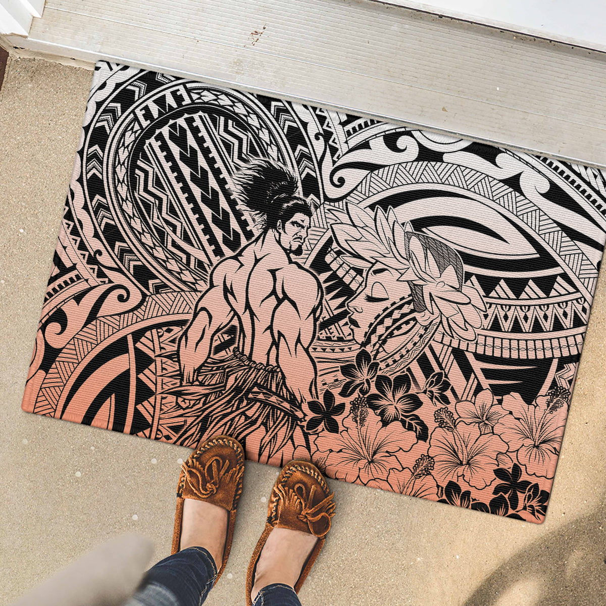 Beauty and The Warrior Polynesian Valentine Rubber Doormat Hibiscus FLowers Orange Style LT9 - Polynesian Pride