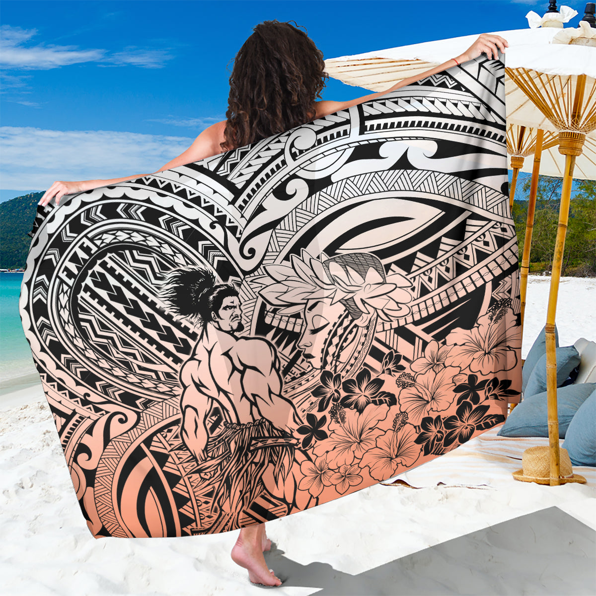 Beauty and The Warrior Polynesian Valentine Sarong Hibiscus FLowers Orange Style LT9 One Size 44 x 66 inches Orange - Polynesian Pride