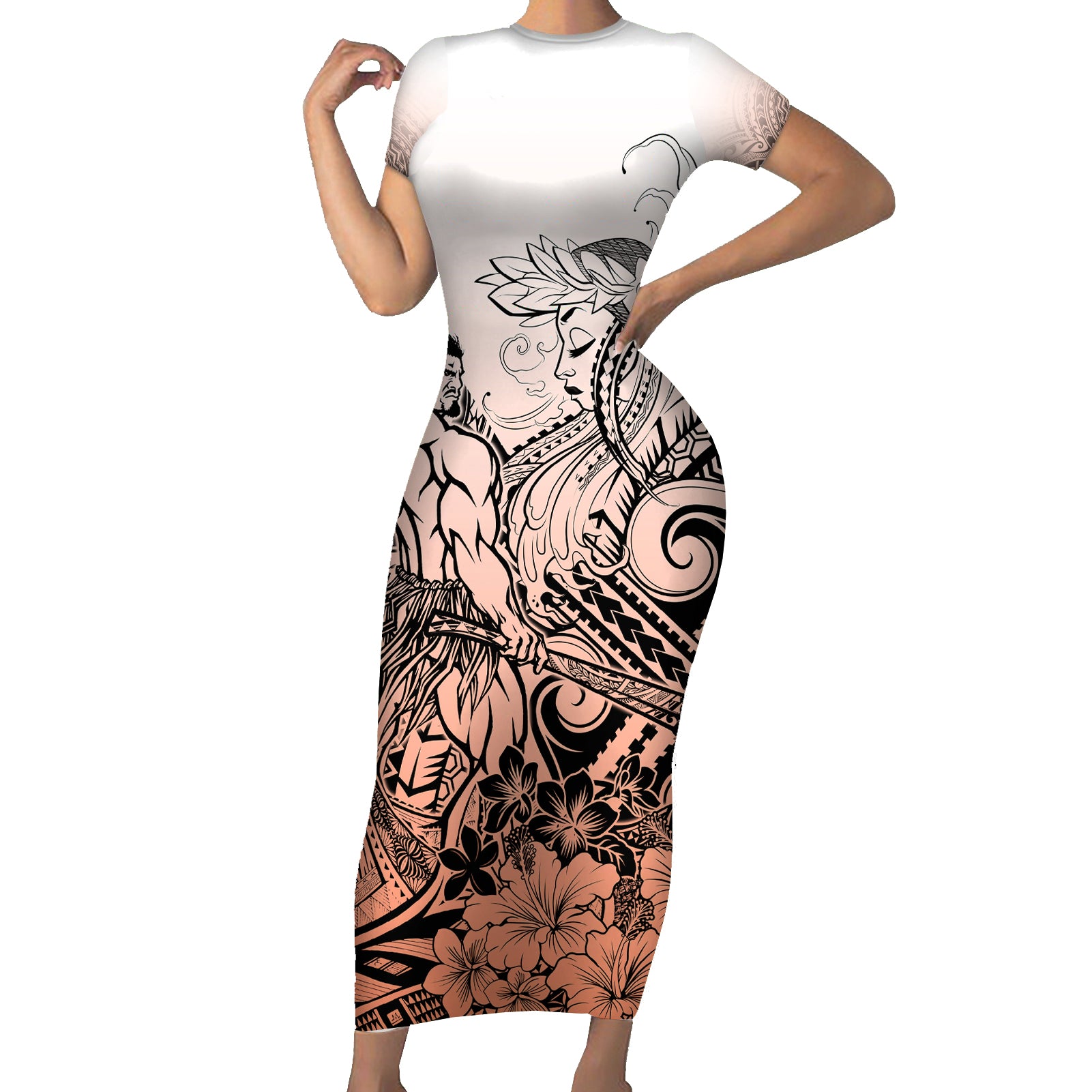 Beauty and The Warrior Polynesian Valentine Short Sleeve Bodycon Dress Hibiscus FLowers Orange Style LT9 Long Dress Orange - Polynesian Pride