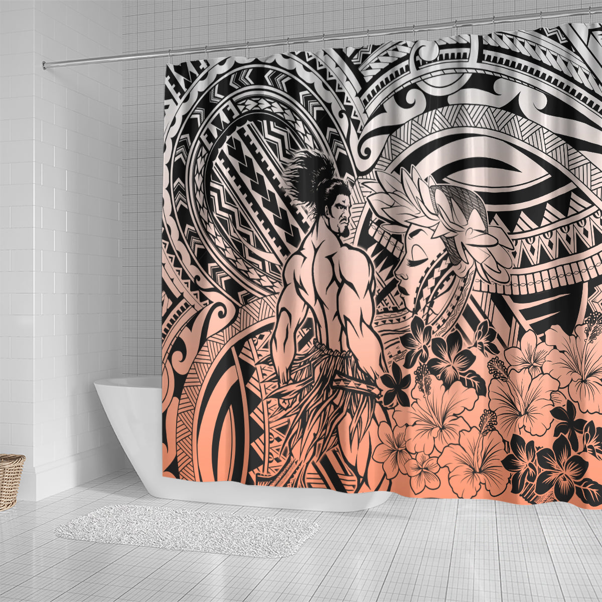 Beauty and The Warrior Polynesian Valentine Shower Curtain Hibiscus FLowers Orange Style LT9 - Polynesian Pride