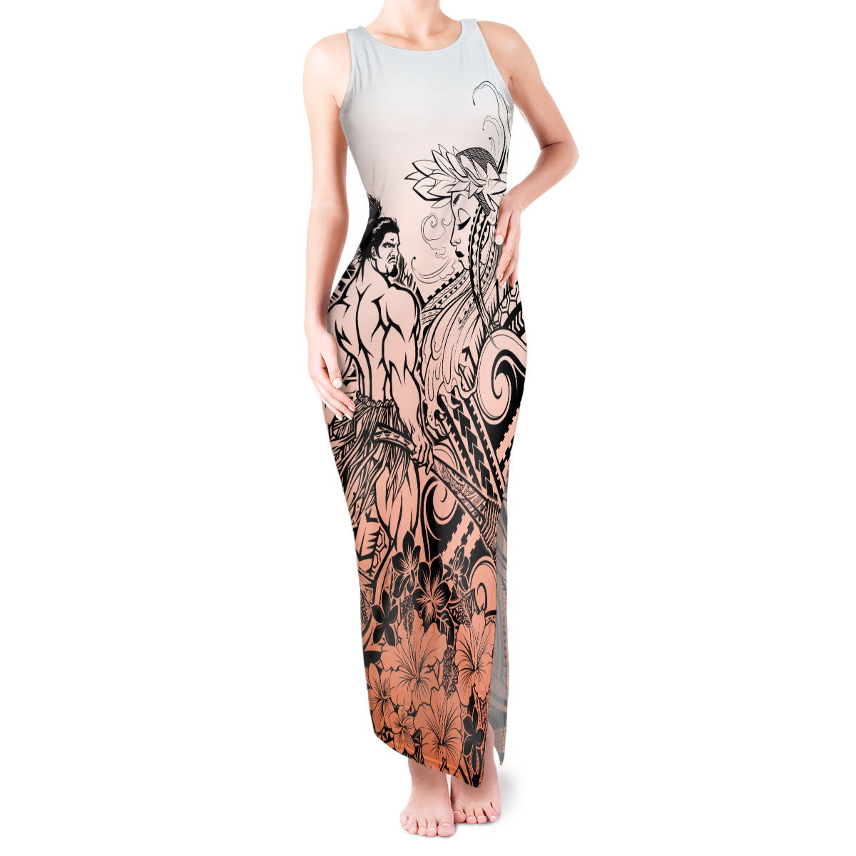 Beauty and The Warrior Polynesian Valentine Tank Maxi Dress Hibiscus FLowers Orange Style LT9 Women Orange - Polynesian Pride