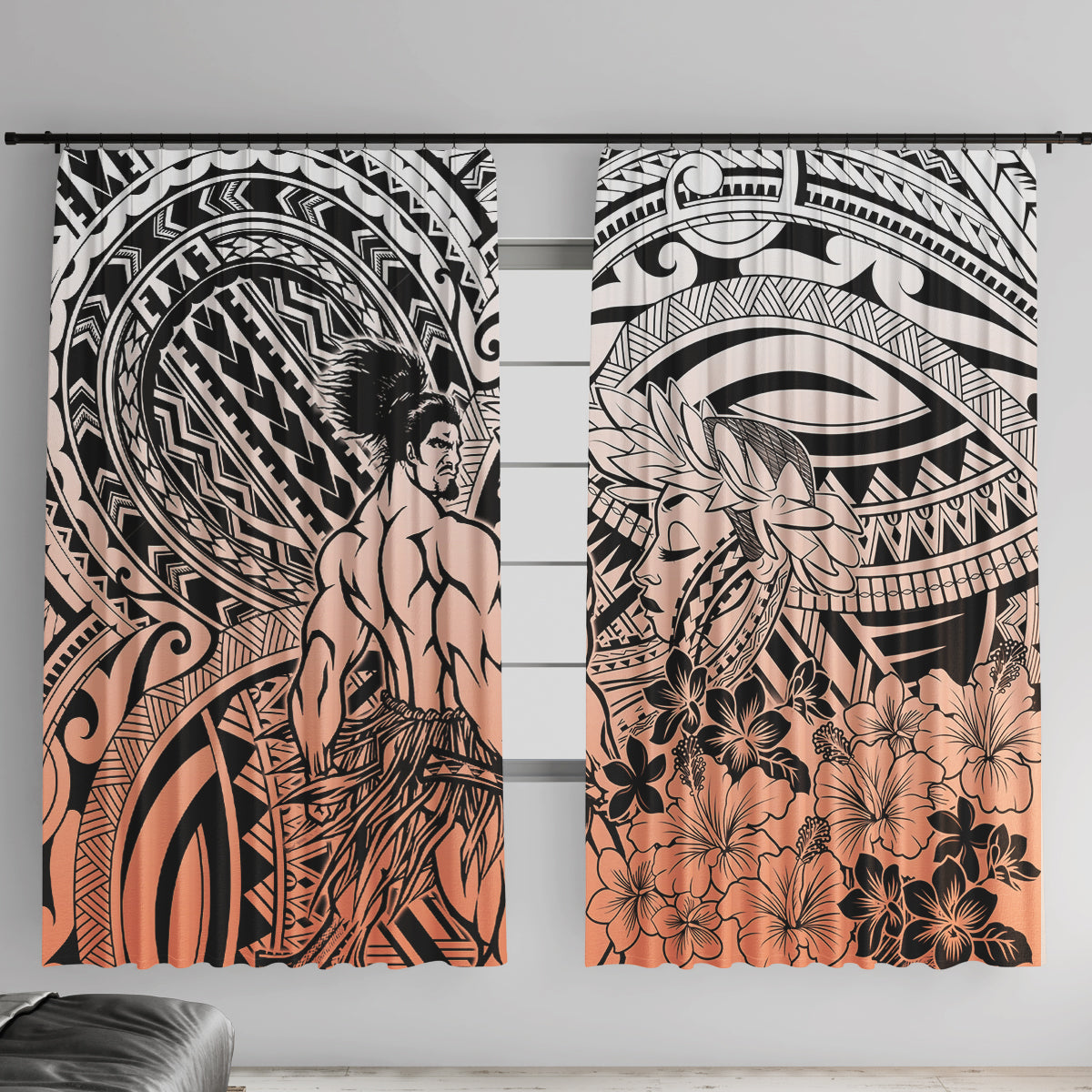 Beauty and The Warrior Polynesian Valentine Window Curtain Hibiscus FLowers Orange Style LT9 With Hooks Orange - Polynesian Pride