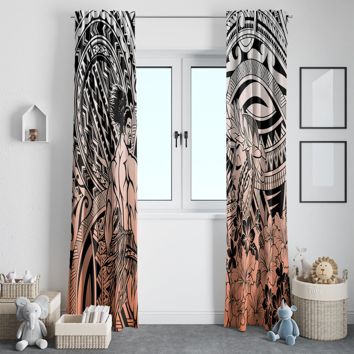 Beauty and The Warrior Polynesian Valentine Window Curtain Hibiscus FLowers Orange Style LT9 - Polynesian Pride