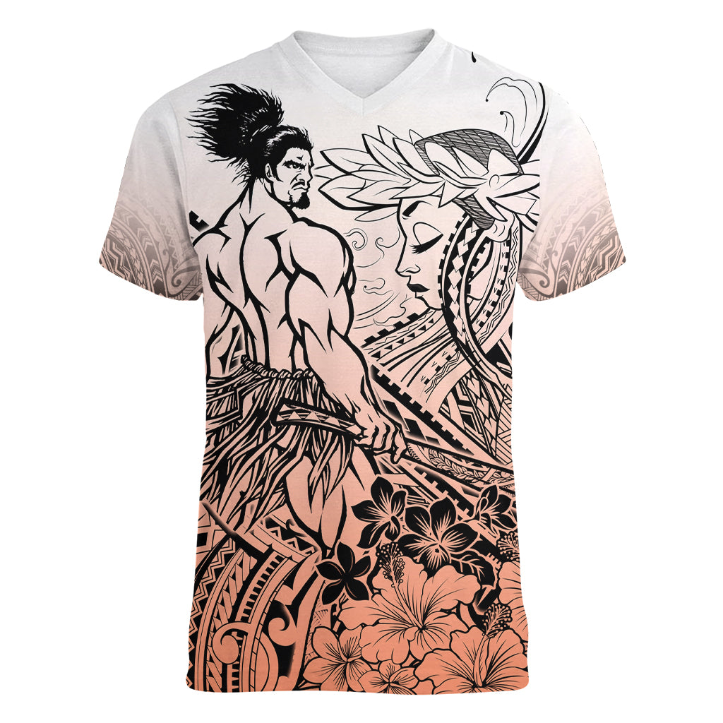 Beauty and The Warrior Polynesian Valentine Women V Neck T Shirt Hibiscus FLowers Orange Style LT9 Female Orange - Polynesian Pride