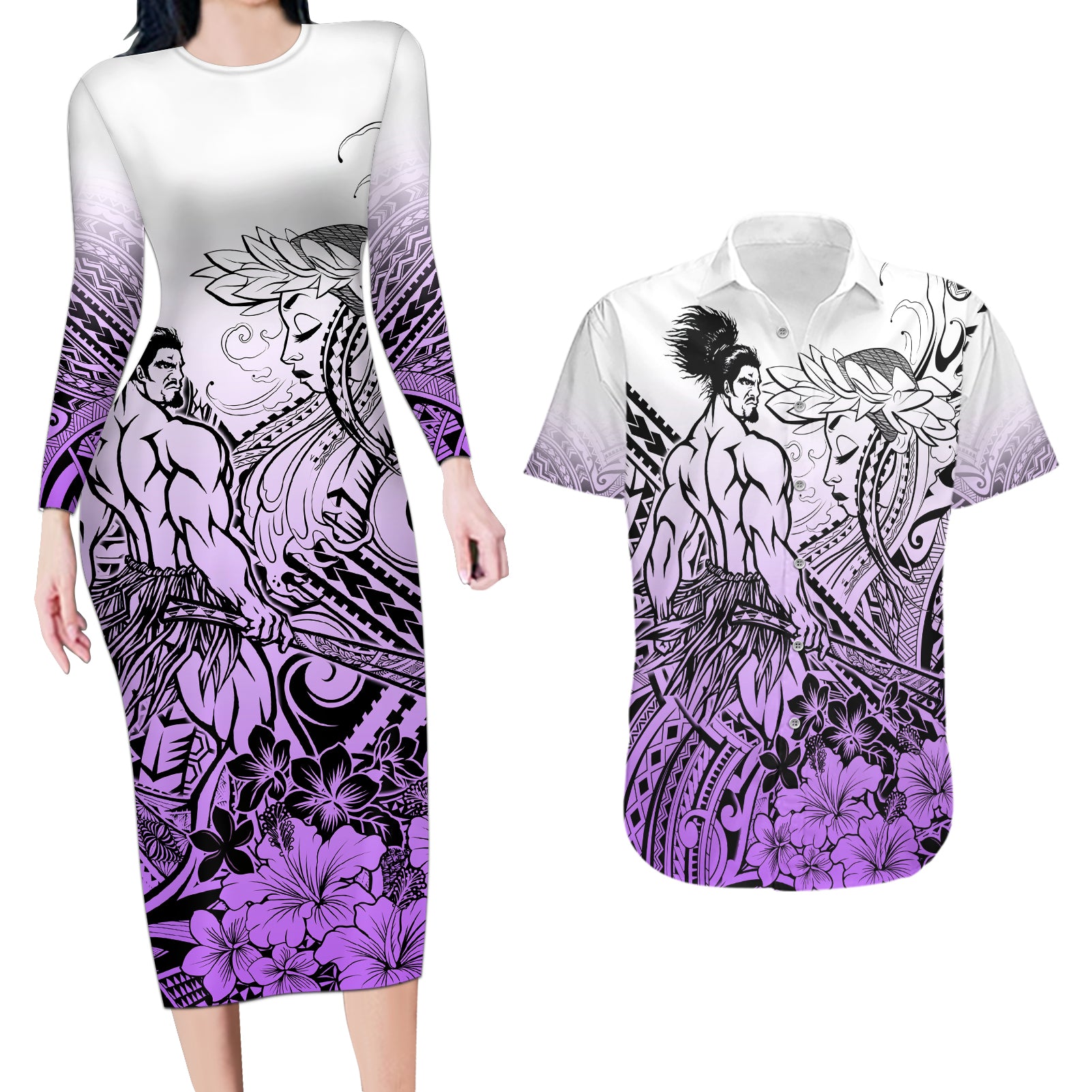 Beauty and The Warrior Polynesian Valentine Couples Matching Long Sleeve Bodycon Dress and Hawaiian Shirt Hibiscus FLowers Purple Style LT9 Purple - Polynesian Pride