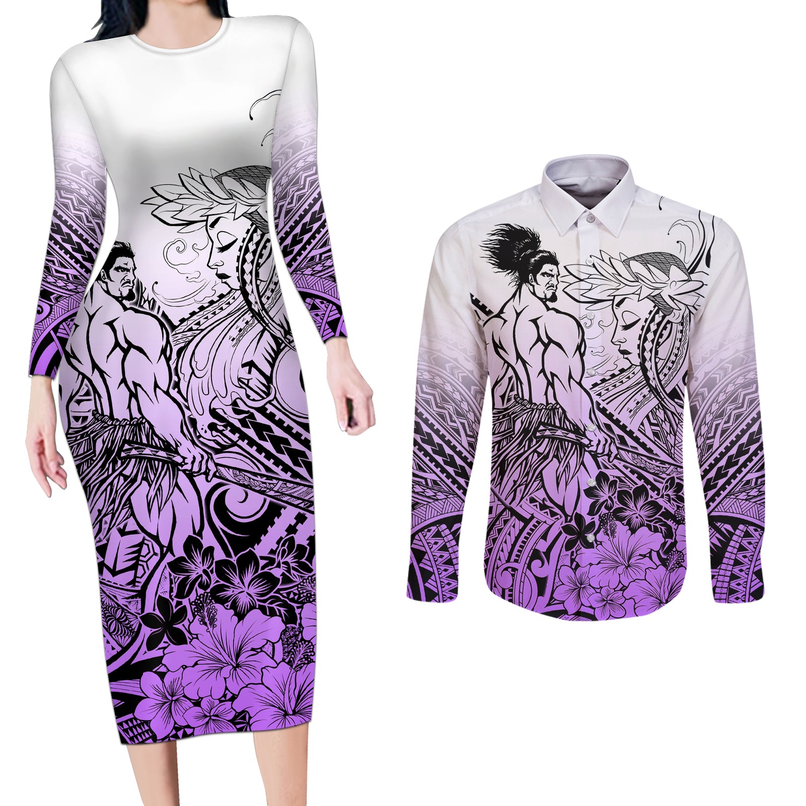 Beauty and The Warrior Polynesian Valentine Couples Matching Long Sleeve Bodycon Dress and Long Sleeve Button Shirt Hibiscus FLowers Purple Style LT9 Purple - Polynesian Pride