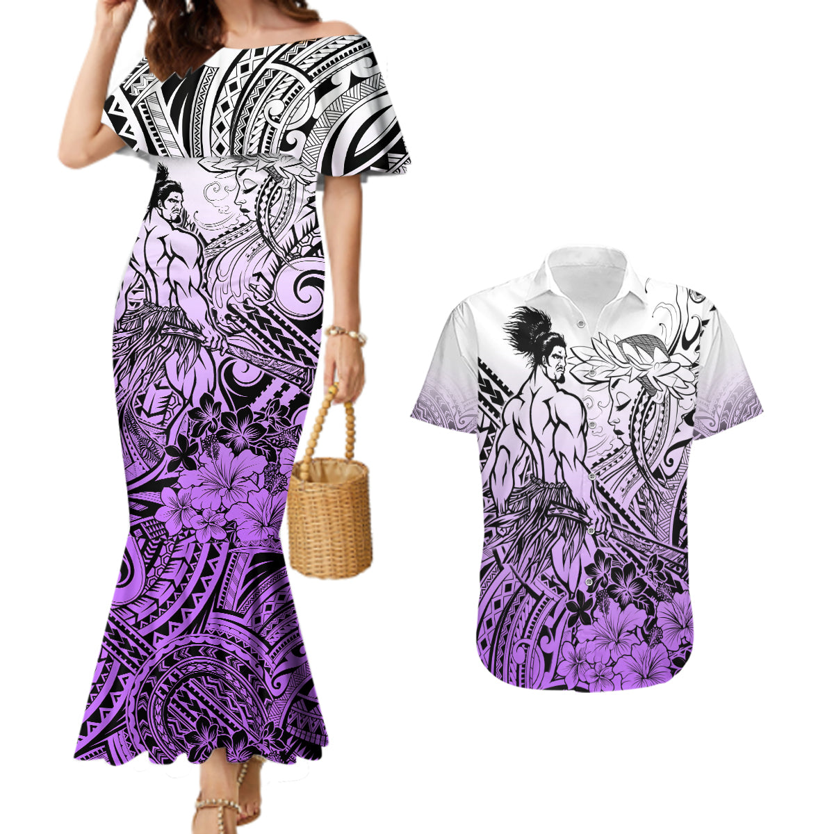 Beauty and The Warrior Polynesian Valentine Couples Matching Mermaid Dress and Hawaiian Shirt Hibiscus FLowers Purple Style LT9 Purple - Polynesian Pride