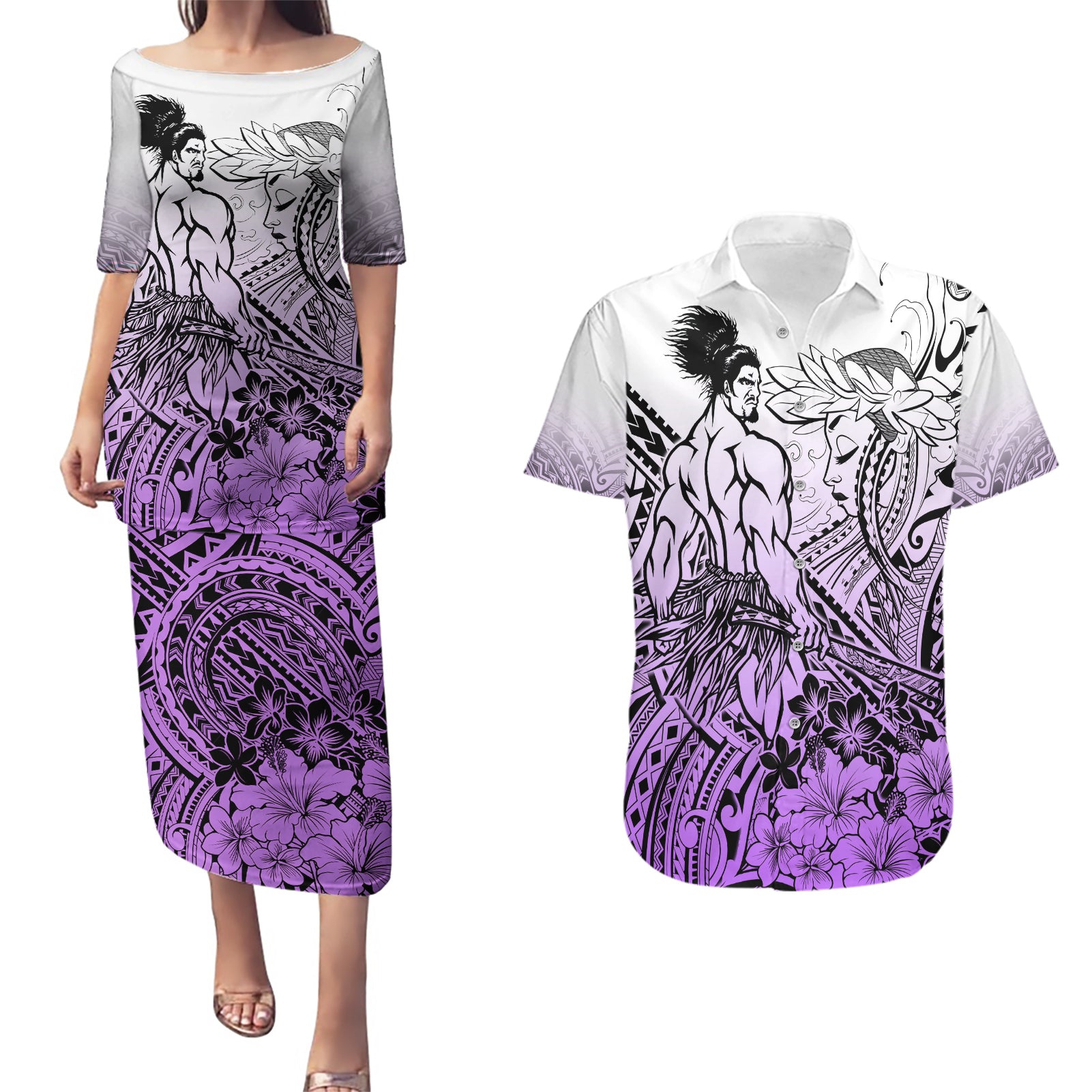 Beauty and The Warrior Polynesian Valentine Couples Matching Puletasi Dress and Hawaiian Shirt Hibiscus FLowers Purple Style LT9 Purple - Polynesian Pride