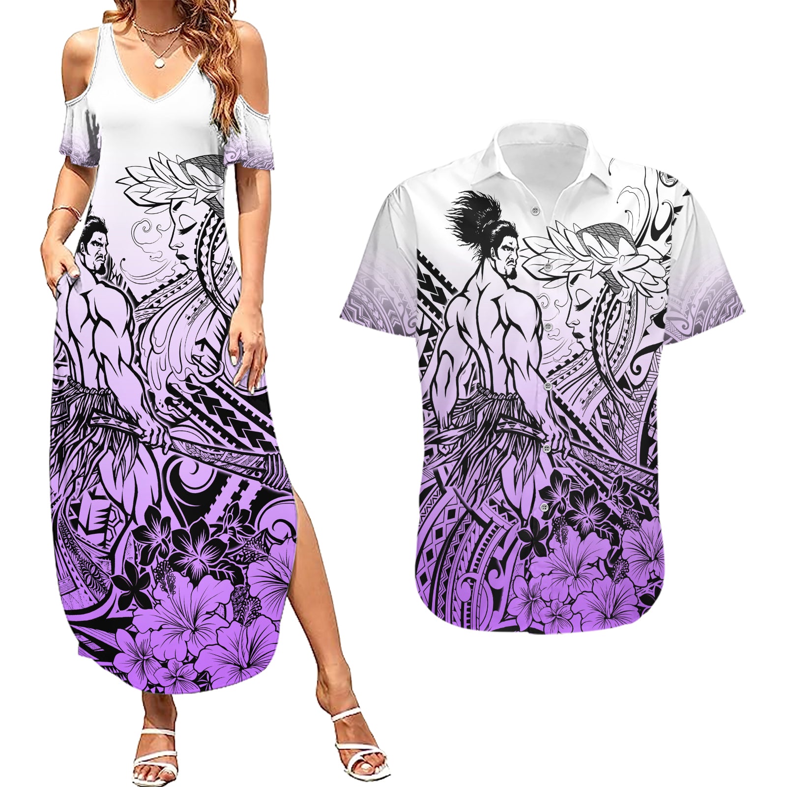 Beauty and The Warrior Polynesian Valentine Couples Matching Summer Maxi Dress and Hawaiian Shirt Hibiscus FLowers Purple Style LT9 Purple - Polynesian Pride