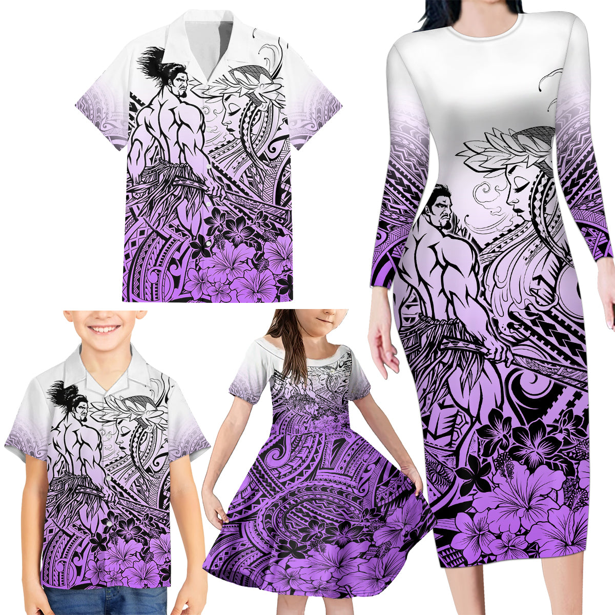 Beauty and The Warrior Polynesian Valentine Family Matching Long Sleeve Bodycon Dress and Hawaiian Shirt Hibiscus FLowers Purple Style LT9 - Polynesian Pride