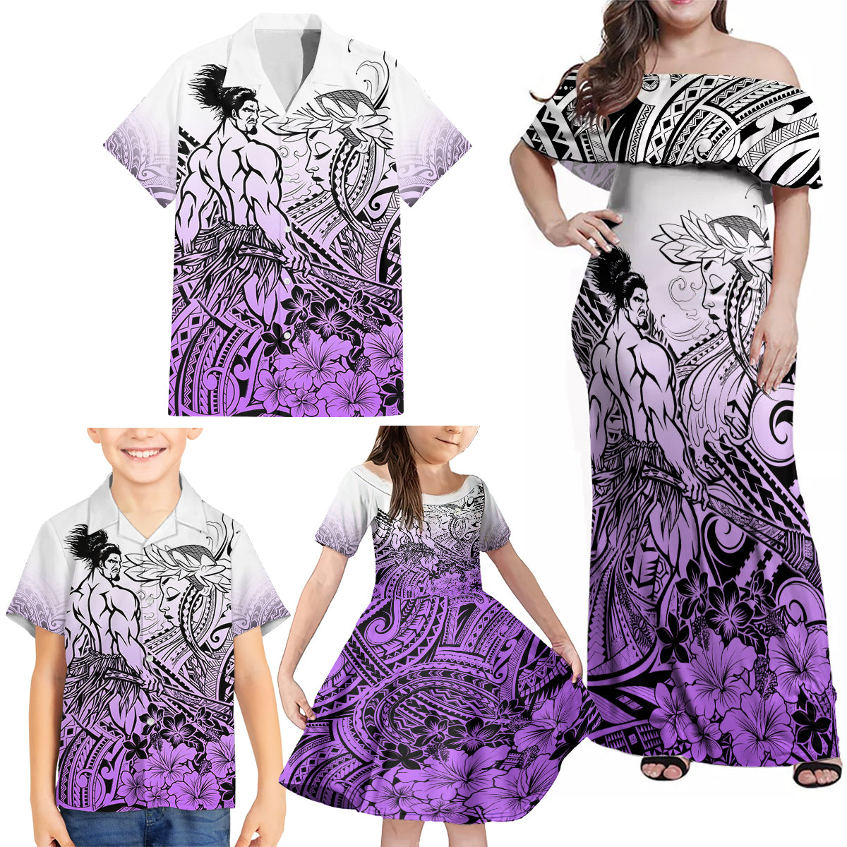 Beauty and The Warrior Polynesian Valentine Family Matching Off Shoulder Maxi Dress and Hawaiian Shirt Hibiscus FLowers Purple Style LT9 - Polynesian Pride