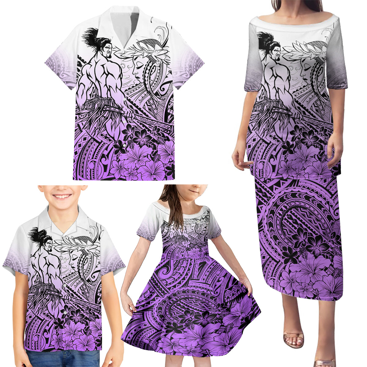 Beauty and The Warrior Polynesian Valentine Family Matching Puletasi Dress and Hawaiian Shirt Hibiscus FLowers Purple Style LT9 - Polynesian Pride