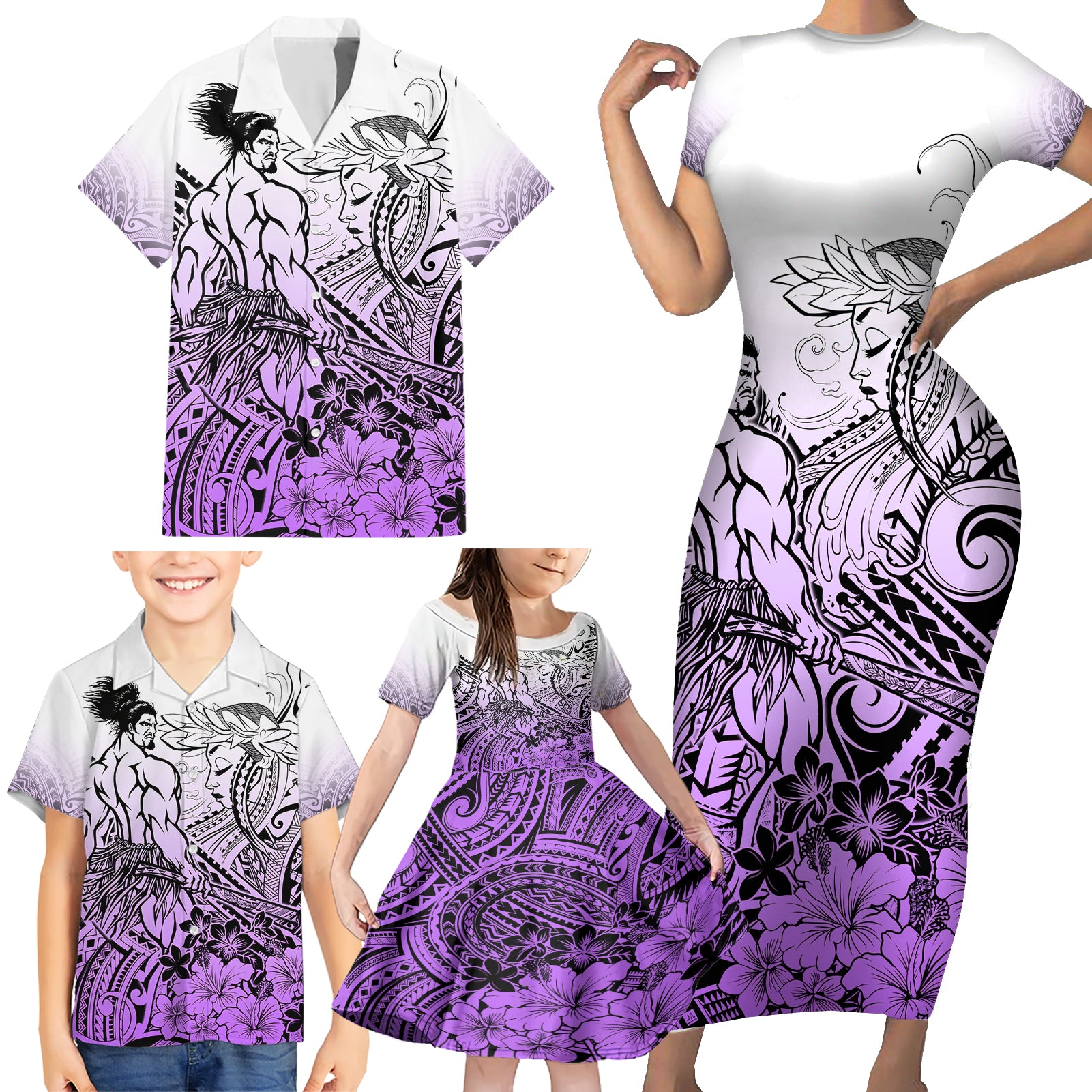 Beauty and The Warrior Polynesian Valentine Family Matching Short Sleeve Bodycon Dress and Hawaiian Shirt Hibiscus FLowers Purple Style LT9 - Polynesian Pride