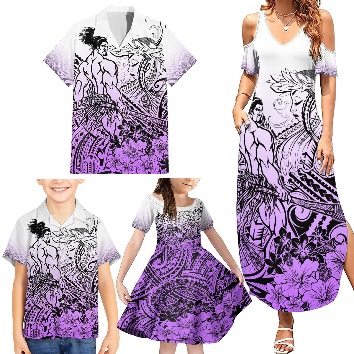 Beauty and The Warrior Polynesian Valentine Family Matching Summer Maxi Dress and Hawaiian Shirt Hibiscus FLowers Purple Style LT9 - Polynesian Pride