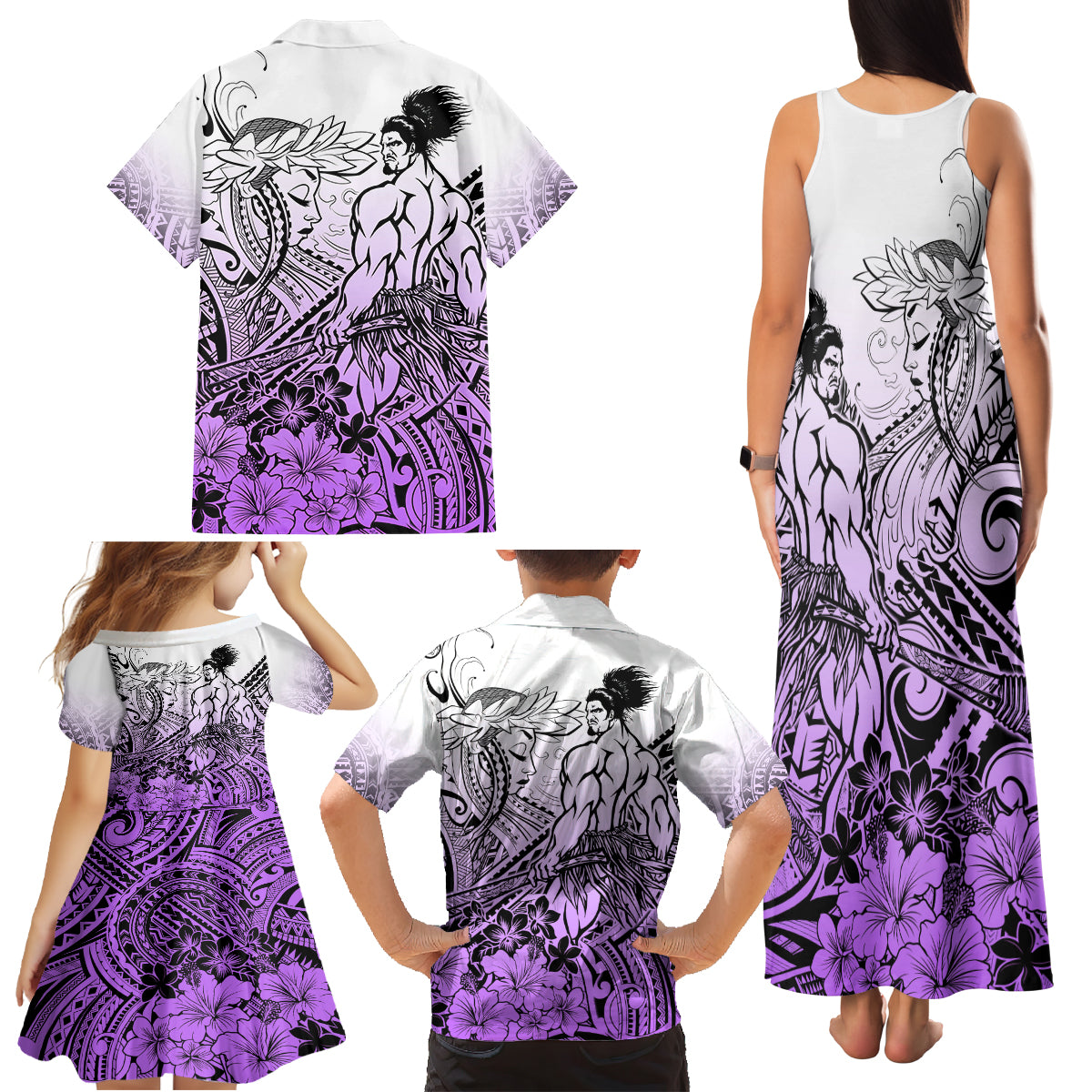 Beauty and The Warrior Polynesian Valentine Family Matching Tank Maxi Dress and Hawaiian Shirt Hibiscus FLowers Purple Style LT9 - Polynesian Pride