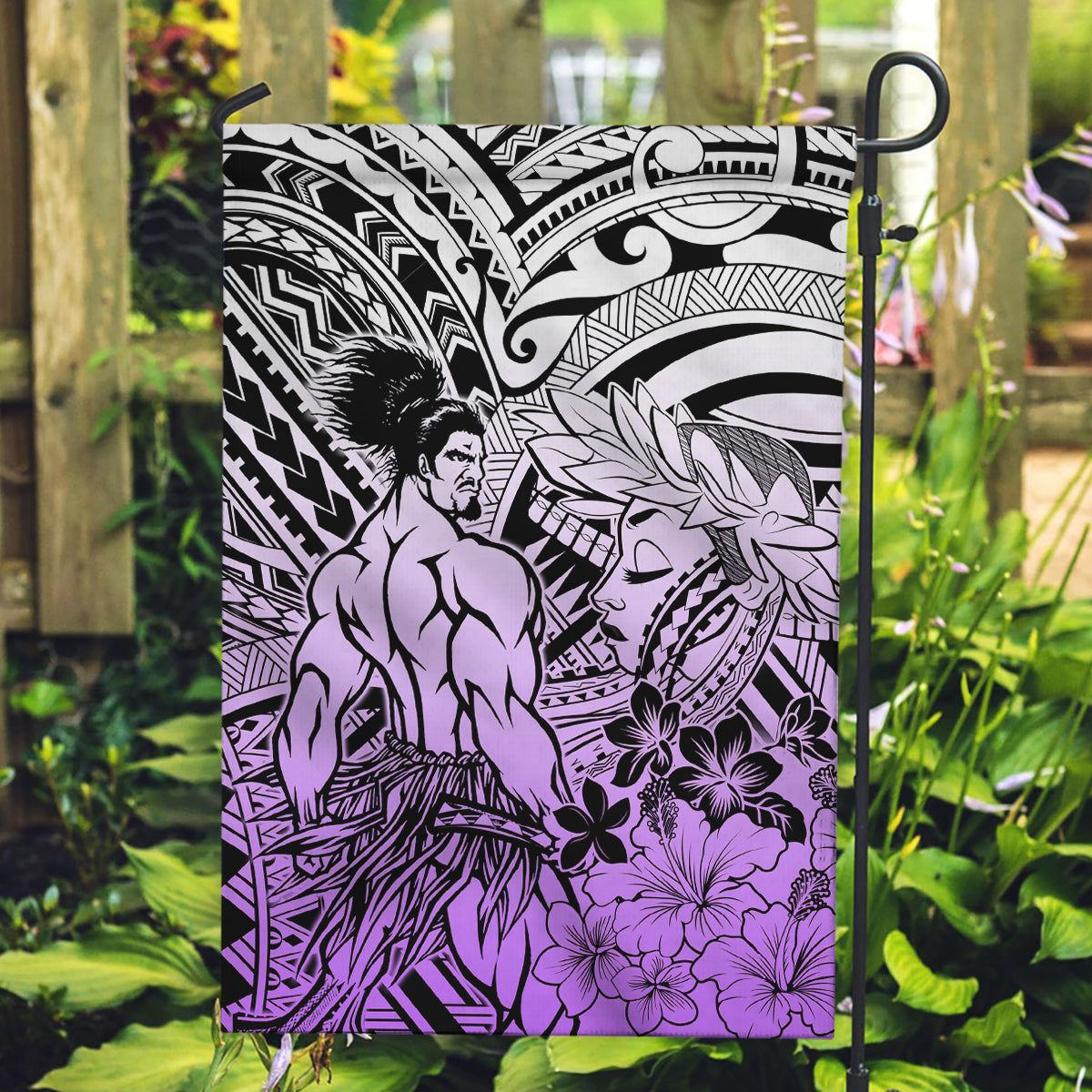 Beauty and The Warrior Polynesian Valentine Garden Flag Hibiscus FLowers Purple Style LT9 Garden Flag Purple - Polynesian Pride