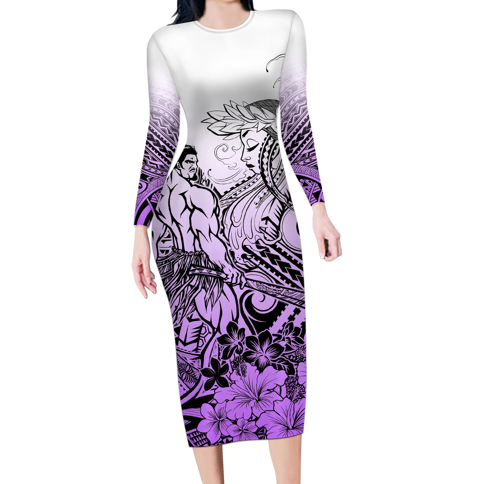 Beauty and The Warrior Polynesian Valentine Long Sleeve Bodycon Dress Hibiscus FLowers Purple Style LT9 Long Dress Purple - Polynesian Pride